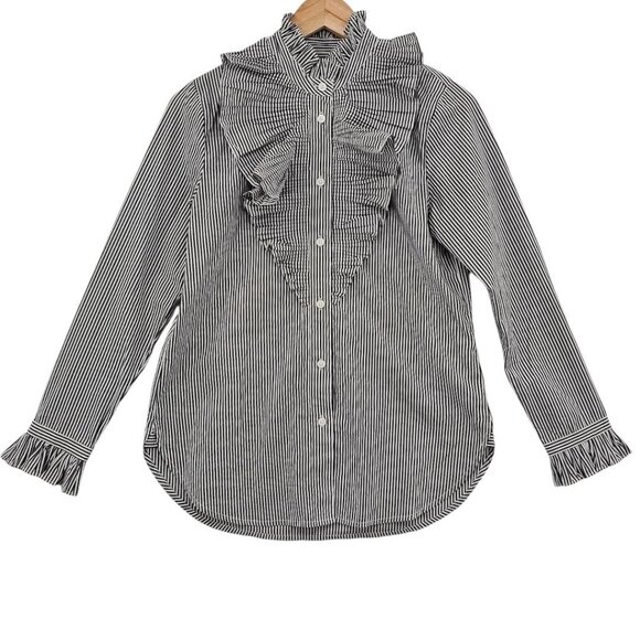 J. Crew Womens 0 Ruffle Classic Fit Washed Cotton Poplin Shirt in Stipe - Picture 2 of 13